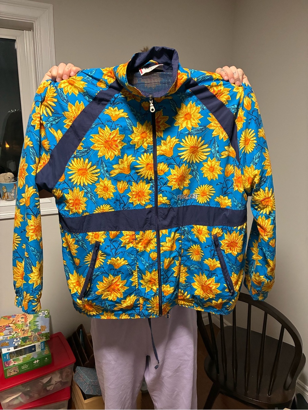 Vintage Sunflower Windbreaker Jacket - Blue & Yellow